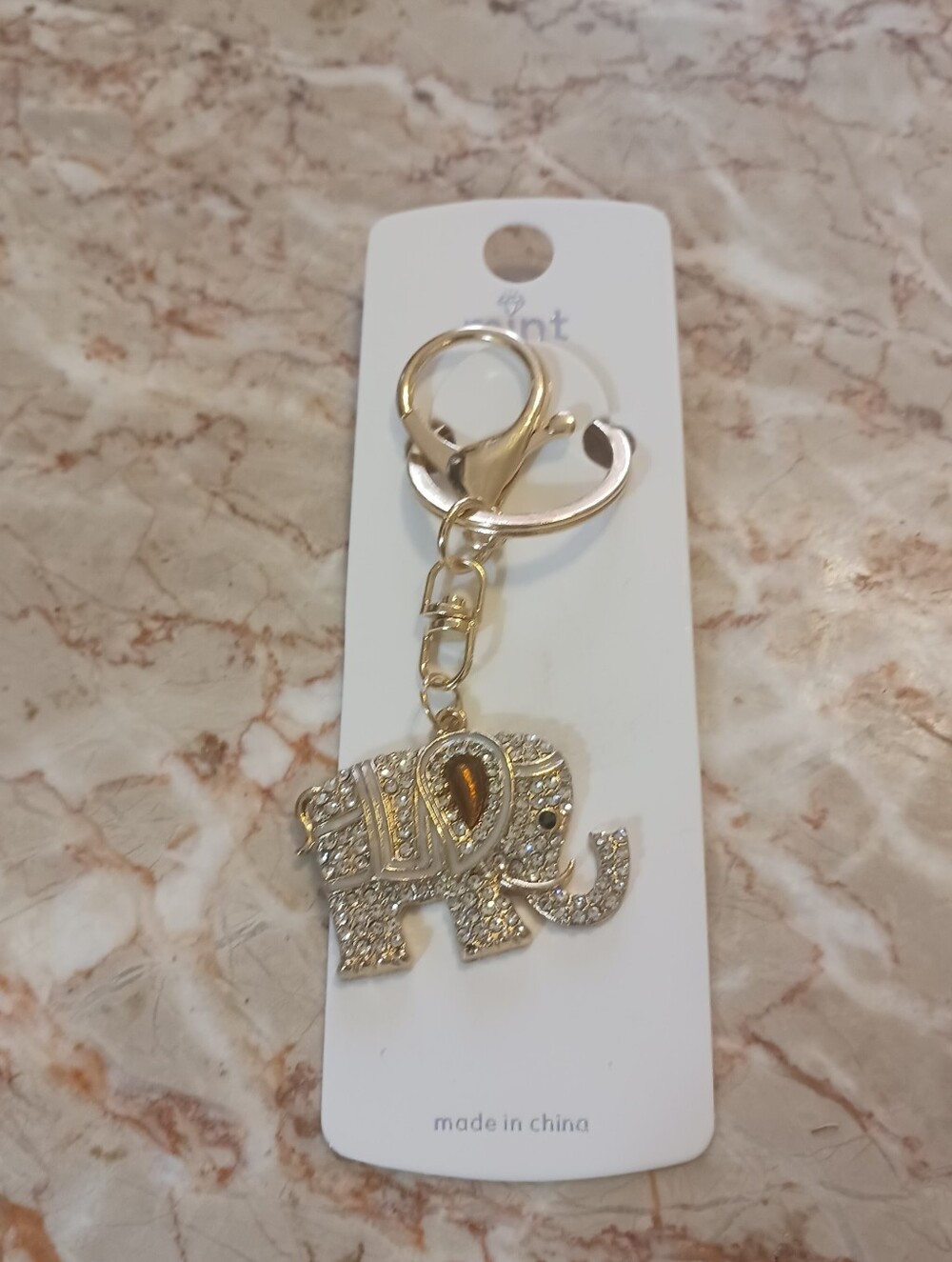 NWT Mint Rhinestone Elephant With Trunk Up Bag Charm, Goldtone Key Ring
